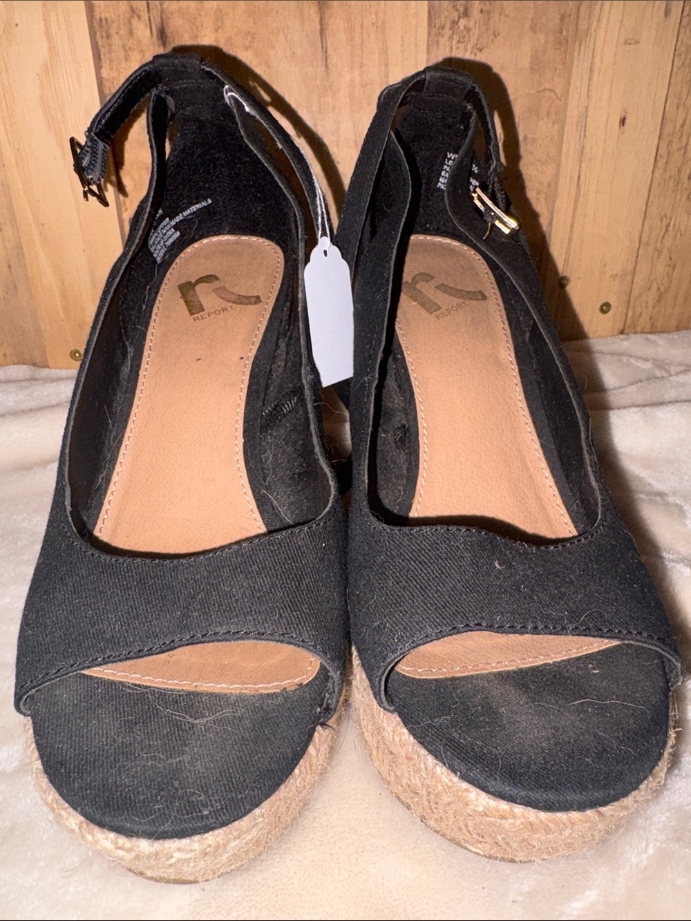 #126 Report Black Espadrille Wedge Peep-Toe Ankle Strap Sandals